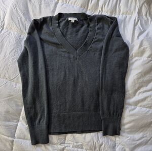 Cotton-Silk-Cashmere Blend V-Neck Charcoal Grey Sweater, XS